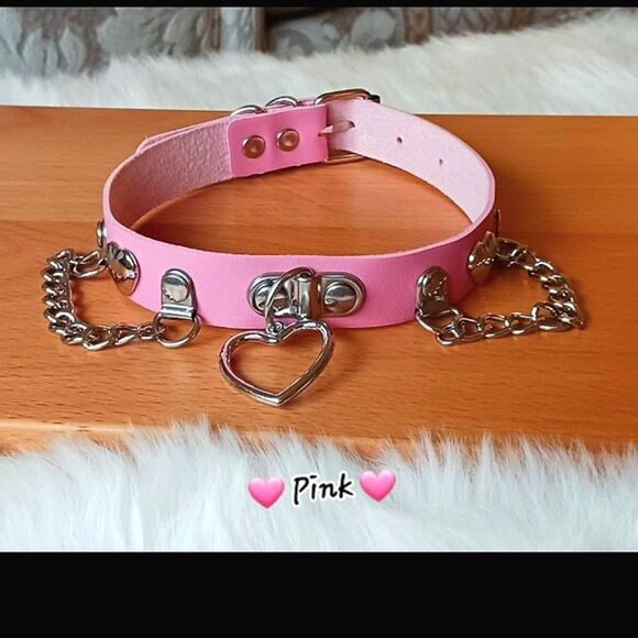 Pink Silver Heart Shaped Choker Necklace, PINK Silver Heart Pendant Choker - Picture 1 of 12